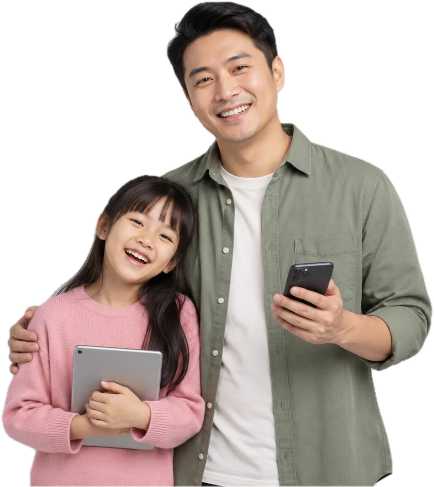 A father and his daughter smiling with a phone and a tablet