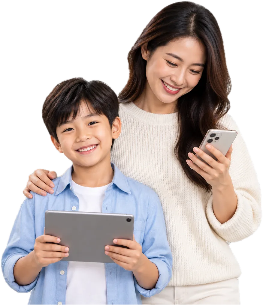 A mother and her son smiling, using a phone and a tablet with FamilyMate