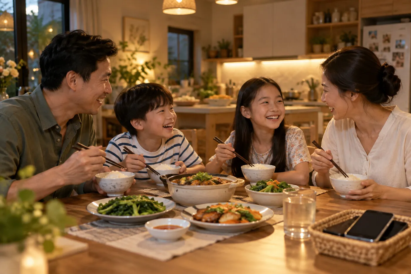 A family having dinner together with phones put away in a basket