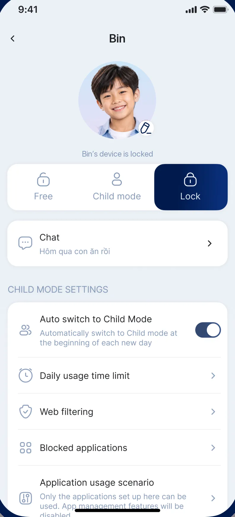 FamilyMate parent app showing a child’s device set to Lock mode